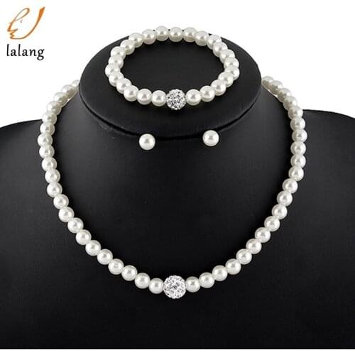 Fashion White Pearl Jewelry Sets Luxury Rhinestone Ball Women Pearls Necklace Earrings Bracelet Sets