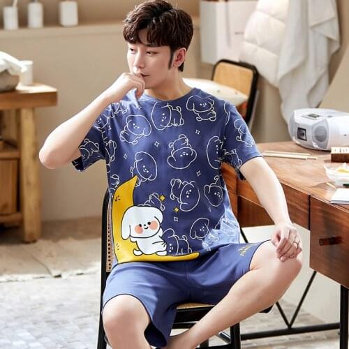 Men Short Sleeve Shorts 2-piece Set Pajamas Summer Cotton Sleepwear Funny Moon Puppy Mens Fashion Blue Plus Size O-Neck Homewear