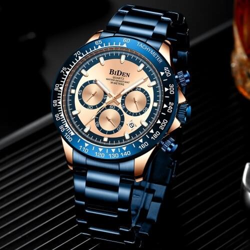Full Stainless Steel Automatic Date Mens Watches Top Brand Blue Waterproof Chronograph Quartz Watch Classic Three Crowns Clocks