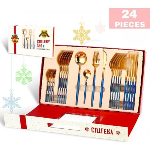 24PCS Christmas Gift Cutlery Set Gold Dinnerware Set Stainless Steel Tableware Set Knife Fork Spoon Kit Flatware Set Dropship