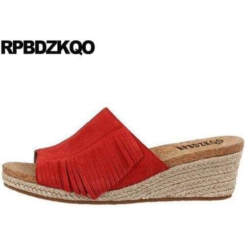 Shoes Fringe Espadrilles Casual Rope Wedge Pumps Open Toe Suede Burgundy Ethnic Women Sandals 2018 Summer High Heels Slides