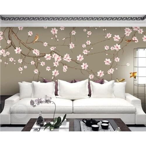 Customized 3D wallpaper Magnolia hand-painted meticulous flower and bird new Chinese 8D mural background wall