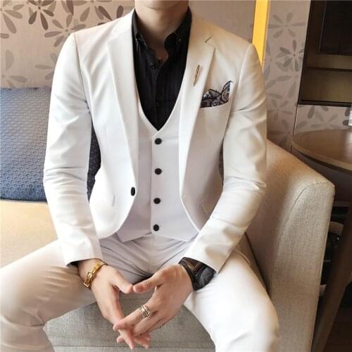 Jacket + Vest + Pants ) Left ROM Solid Color Suit 3-piece Suit Korean Style Mens Slim Dress Groom Wedding Dress Prom Tuxedo