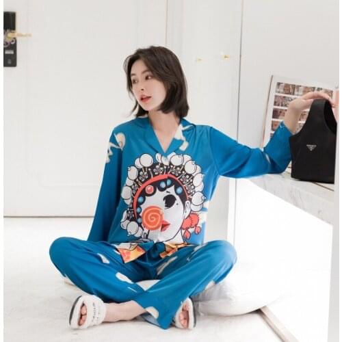 Luxury Lapel Pajamas Adult Women Ice silk Pajamas Sets High Quality Cartoons Homewear Popular Cardigan Long sleeve Satin Pajamas
