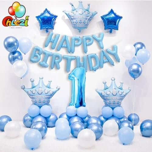 1 Set Blue Pink Crown Birthday Balloons Helium Number Foil Balloon for Baby Boy Girl 1st Birthday Party Decorations Kids Shower