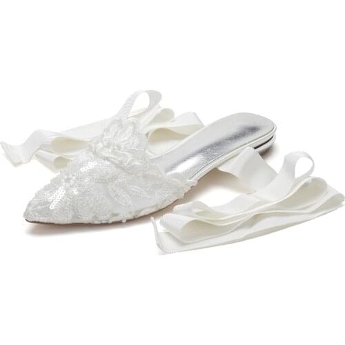 Beaded Lace Flat Mule with Ribbon Strap Retro Bridal Shoes Ivory Wedding Flats Pointy Toe Lady Sweet Sandals Low Block Heels