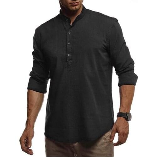 Outdoor Men Long Sleeve Shirt Stand Lead Linen Self-cultivation Pullover Soft Comfortable Breathable Trekking Camping Male Shirt