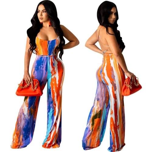 Womens Clothing Summer 2021 Irregular Stripe Printed Jumpsuit Ladies Casual Vacation Clothing Sling Hot Girl Jumpsuit Trousers