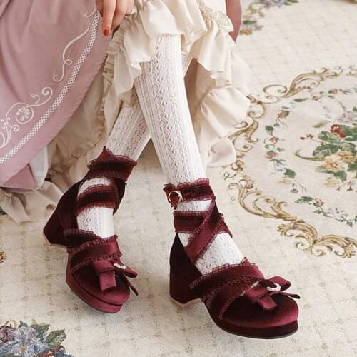 Japanese Lolita Sen female retro cross belt golden velvet princess dress high heels womens shoes