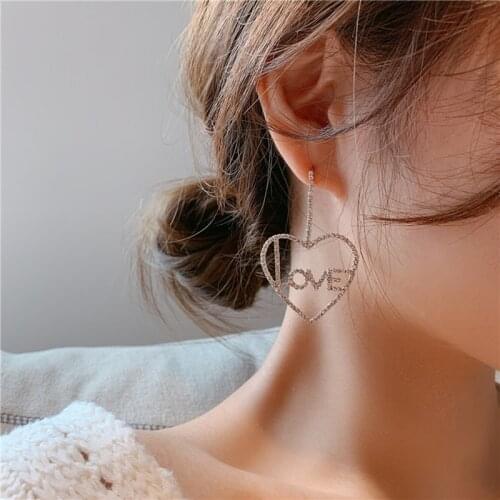 2020 New Women Earrings Fashion Elegant Exaggerated Heart-shaped Hanging Dangle Prevent Allergy Trend Rhinestone Drop Earrings