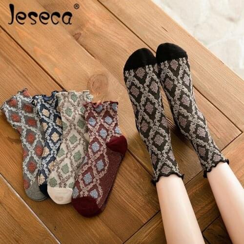 Jeseca New Women Warm Tube Ruffle Socks Retro National Style Rhombus Thremal Autumn Winter Loose Breathable Cotton Ankle Socks