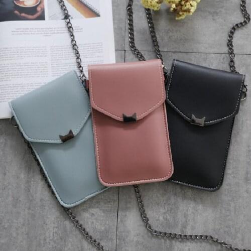 Female Wallet Solid Transparent Touch Screen Trend Mobile Phone Bag New Cat ears metal Hasp Chain Messenger Bags Кошелек Женский