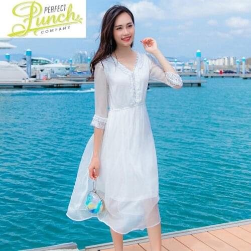 Summer 2021 Women White 100% Silk Dress Elegant Beach Korean Party Dresses Lace Midi Vestidos De Verano 18015 KJ5676