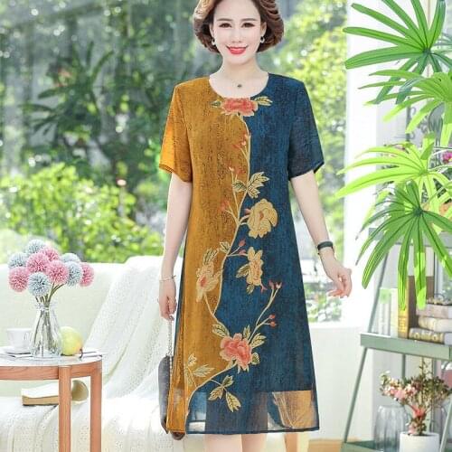 Women 2021 Summer New Fashion Printed A-line Dresses Female Middle-aged Loose Dress Ladies O-neck Thin Chiffon Vestidos W11