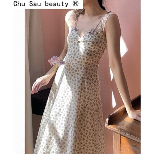 New Fashion Sweet Chic Vintage Floral Printed Midi Dress Women Sexy Lace Strap V-neck Backless Dresses Female Vestidos