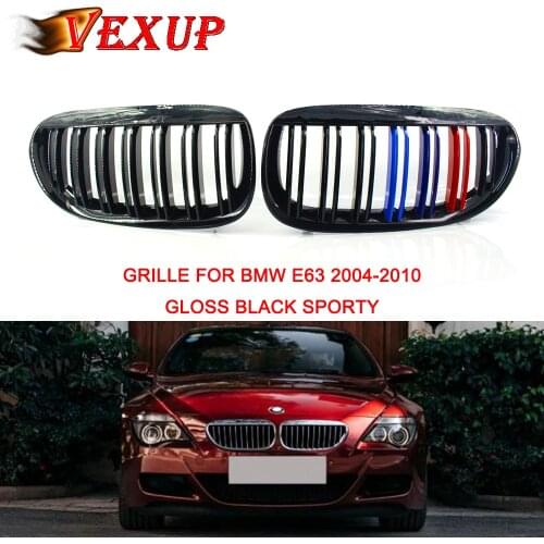 1Pair Gloss Black Sporty Double Slat Front Bumper Kidney Grill Grille For BMW 6 Series E63 E64 M6 2004 05 06 07 08 2009 2010 ABS
