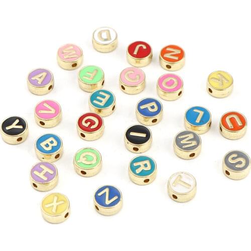 10 PCs Zinc Based Alloy Spacer Flat Round Alphabet Enamel Beads Gold Color Capital Letter Enamelled Metal Bead About 8mm Dia