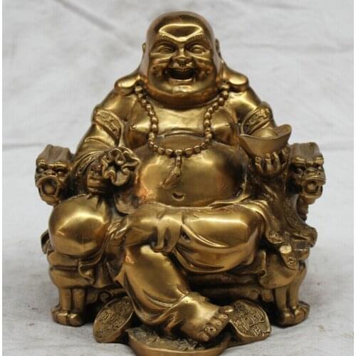 Fast shipping USPS to USA S2099 7" Chinese Brass Seat Dragon Chair Happy Laugh Maitreya Buddha Moneybag Statue