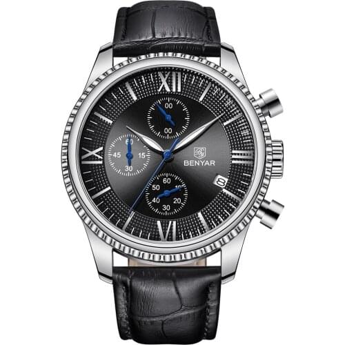 BENYAR 5129 Men Watch Casual Genuine Leather Waterproof Watches Men Wrist Luxury Quartz Chronograph Business Wristwatches