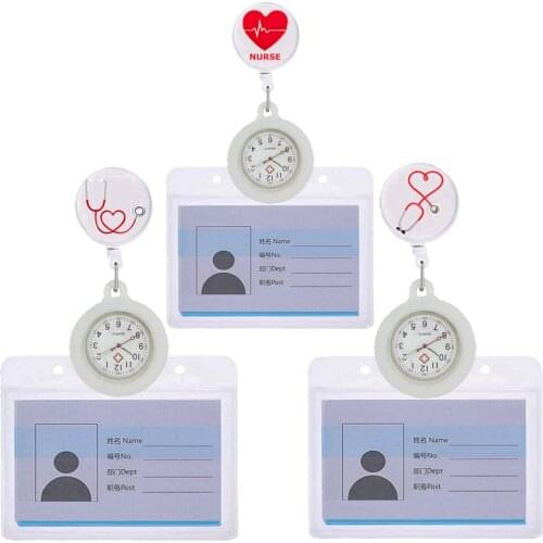 Unisex Nurse Doctor Retractable FOB Pocket Watches Glasses Stethoscope Love Smile Name Card Holders Clock Gifts For Hospital