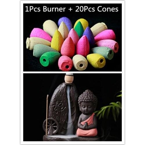 20Pcs Cones+1Pcs Burner Backflow Incense Cones Censer Incense Stick Burner Water Wheel Creative Home Decor Buddhist Small Buddha