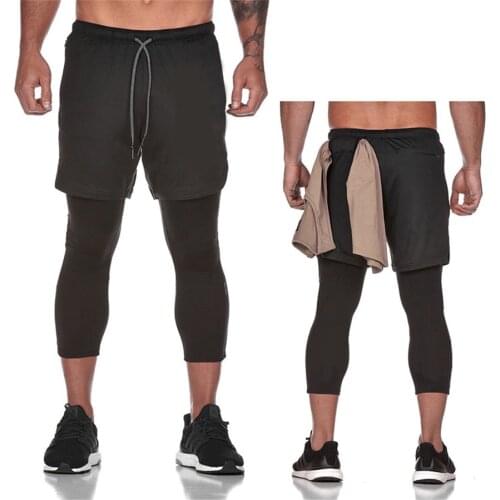 Leggings Men Compression Quick dry Skinny Pants Man Gyms Fitness Workout Bodybuilding Trousers Fake two-piece mens sweatpants