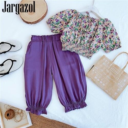 Jargazol Summer Fashion Girls Ruffle Outfits Korean Little Children Clothing Set Off The Shoulder Flower Top&Knickerbockers