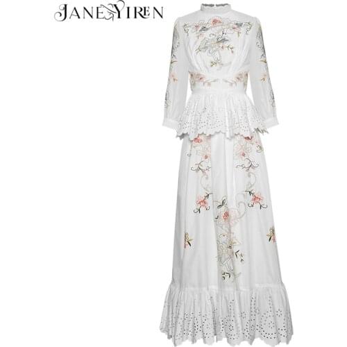 Janeyiren Fashion Designer dress Spring Autumn Womens Dress Stand collar Flowers Embroidery Hollow out Ruffles Maxi Dresses
