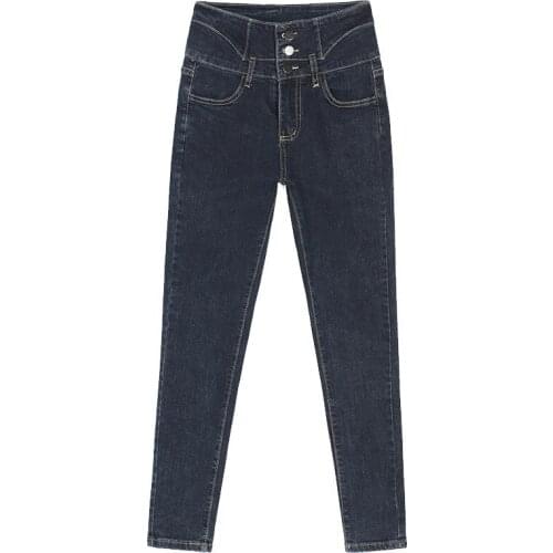 Fashion Pencil Jeans Women Plush Pants Street Shot High Waist Slimming Jeans Three-breasted Female Trousers 2020 Autumn