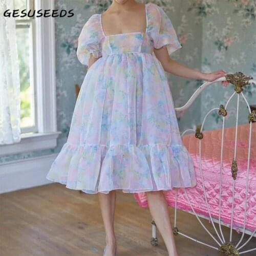 Summer short sleeve dress women kawaii dresses print mini dress square neck ball gown dress women ruffle party dresses organza