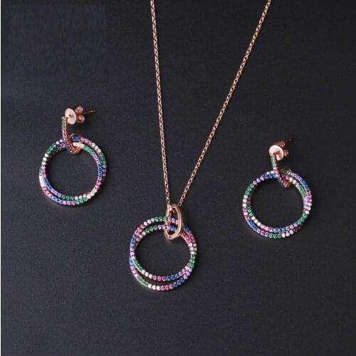 Floating circle charm pendant jewelry set rainbow multi color cz dangling earring Rose gold color necklace trendy women set