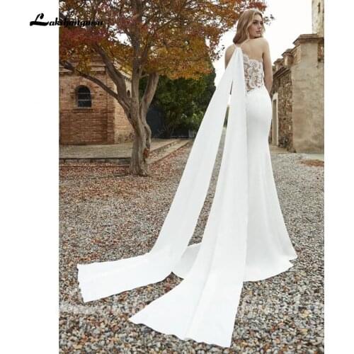 Charming V-Neck Mermaid Wedding Dresses 2021 with train Lace Appliques Backless Formal Satin Bridal Gown Long Sweep Train