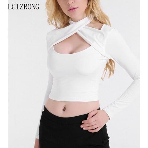 Sexy Tight Long Sleeve Crop Tops Women Fashion Streetwear Short Tshirt Solid Bodycon Backless Black White T Shirt Plus Size