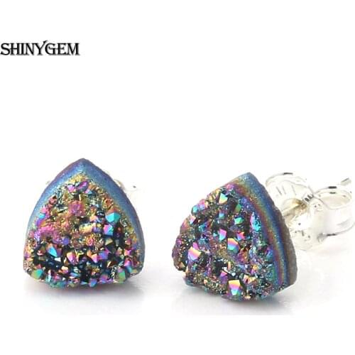 Fashion Cute 6mm Small Triangle Natural Crystal Druzy Stone Stud Earrings Charm S925 Post Pin 8 Colors Earrings For Women Party