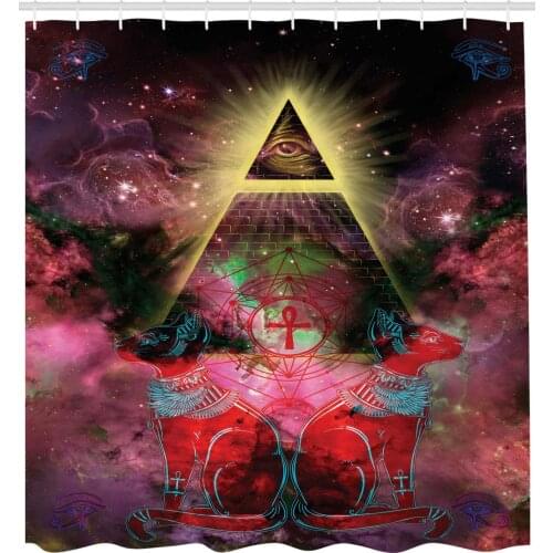 Plum and Red Astronomy Shower Curtain Sacred Ancient Egyptian Pyramids Occult Sacred Eye and Bastet Artwork Decor Bathroom Deco