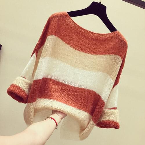 Round Neck Long-sleeved Striped Knitted Sweater Women Thin Simple Commuting Loose Lazy Pullover Sweater Female Spring Summer