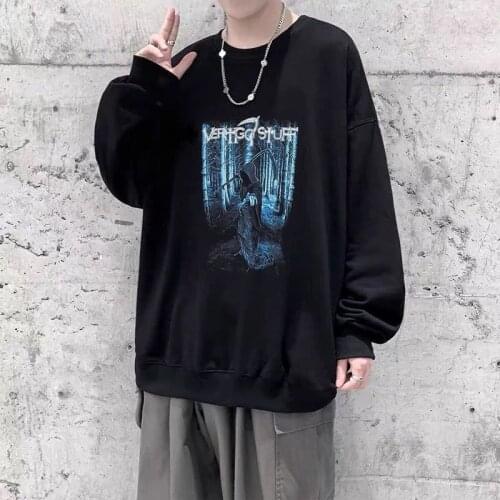 Dark black sweater mens trendy round neck Hong Kong Style autumn mens jacket trendy hip hop loose jacket