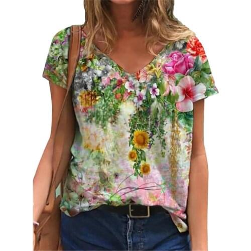 Plus Size Women T-shirt Floral 3D Print Loose Top Tee Ladies Short Sleeve V Neck Casual Shirts Tops 2021 Summer New Streetwear