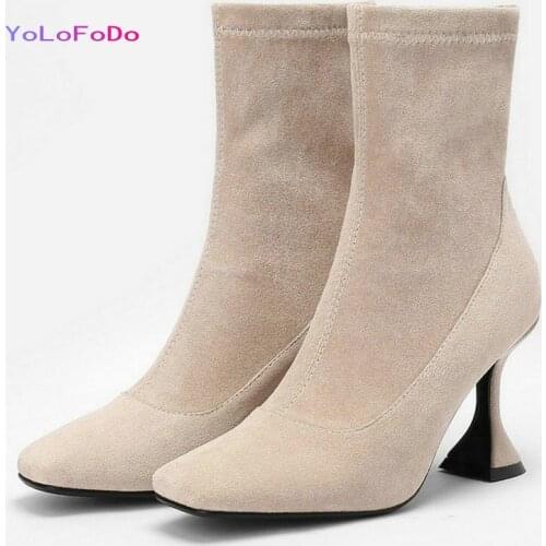 Apricot Black Camel Women Ankle Boots Faux Suede Square Toe Women Short Boots Strange Style Women Stretch Boots Slip on Shoes