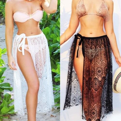 BYUAN New Summer Skirts Ladies Womens Lace Sexy Skirts Long Split Hollow Out Beach Skirt Women 2018 Sun Clothes Wrap Skirt