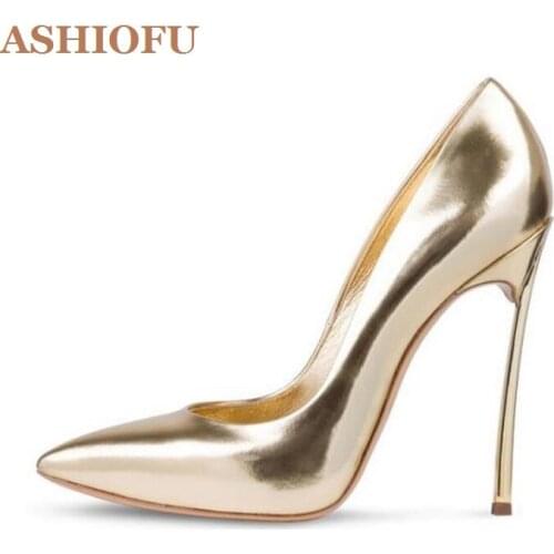 ASHIOFU 2020 New Handmade Ladies Stiletto Heeled Pumps Metallic Classic Slip-on Party Prom Shoes Plus Size Evening Fashion Shoes