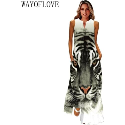 WAYOFLOVE Fashion Tiger Print White Dress 2021 Summer Beach Casual Plus Size Long Dresses Woman Sleeveless Girl Maxi Dress Women