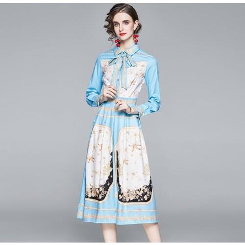 Spring Summer 2021 Dress Women Long Sleeve Bow Tie Turn Down Neck Floral Print Midi Shirt Dress robe chemise femme K1125