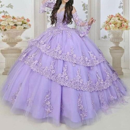 Lavender Beaded Lace Ball Gown Quinceanera Dresses Sequined Sweetheart Neck Long Sleeves Prom Gowns Tiered Sweep Train
