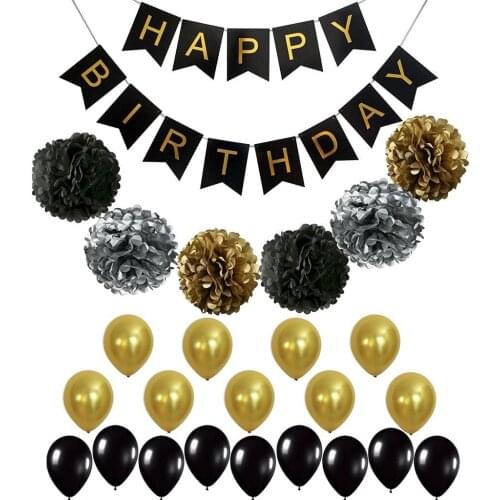 Black gold grey party decoration Happy birthday banner Pom Pom flower Ballons party decor