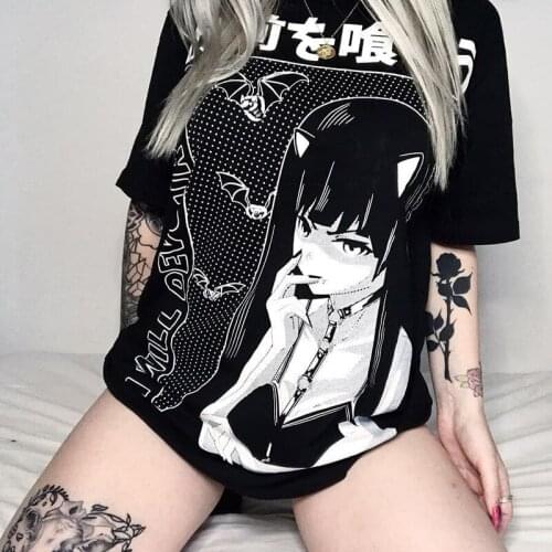 Gothic Style Loose Long T-shirts Women Streetwear Oversize Black T Shirt Grunge Printed Fashion Female Vintage Tops Punk Tees
