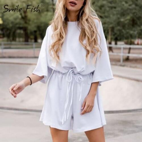 Two Pieces Sets Chic Crop Tops Suits Solid Casual Drawstring Sporty Loose Tracksuits Women Short T-shirt & Wide Leg Shorts G1359