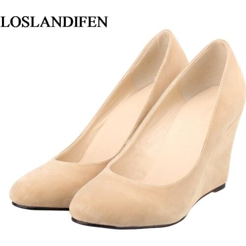 Pumps Dress Flock Leather Pointed Toe Wedge Women High Heel Transparent Shoes Heels Slip On Red Wedding Shoes NLK-A0164