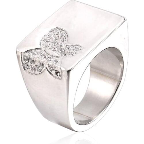 RIR Fashion Square Ring Stainless Steel CNC Stone Butterfly Flower Square Shape For Choose 6 - 12 Size Rings Jewelry Gift