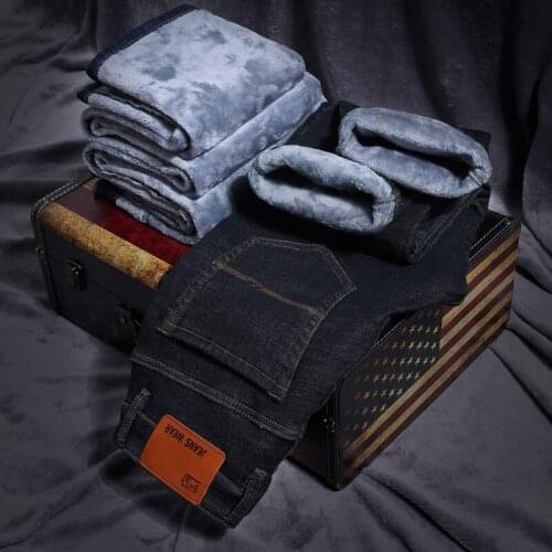 2020 Men Fashion Winter Slim Fit Straight Stretch Thick Warm Jeans Men Jeans Casual Fleece Trousers Male